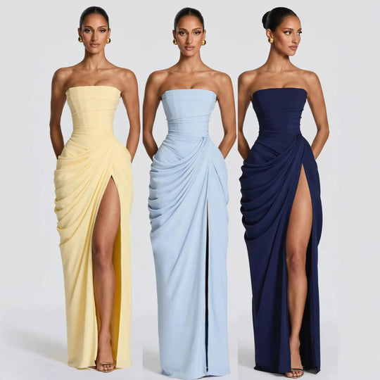 Damen Elegantes Bandeau Abendkleid mit Raffungen und Beinschlitz EB