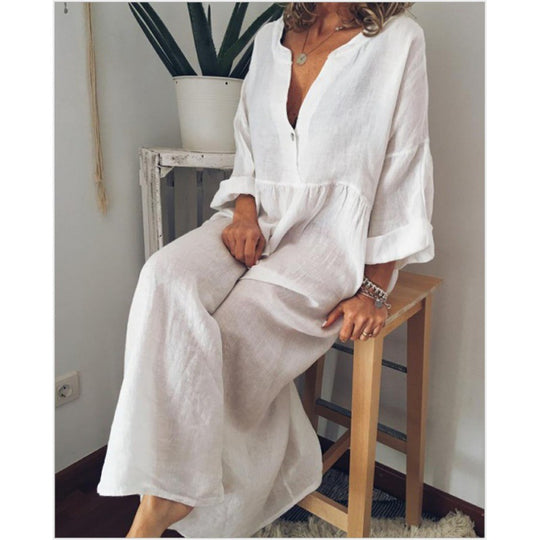 Damen Langes Leinen-Maxikleid mit V-Ausschnitt, geraffter Taille und 3/4-Ärmeln EB