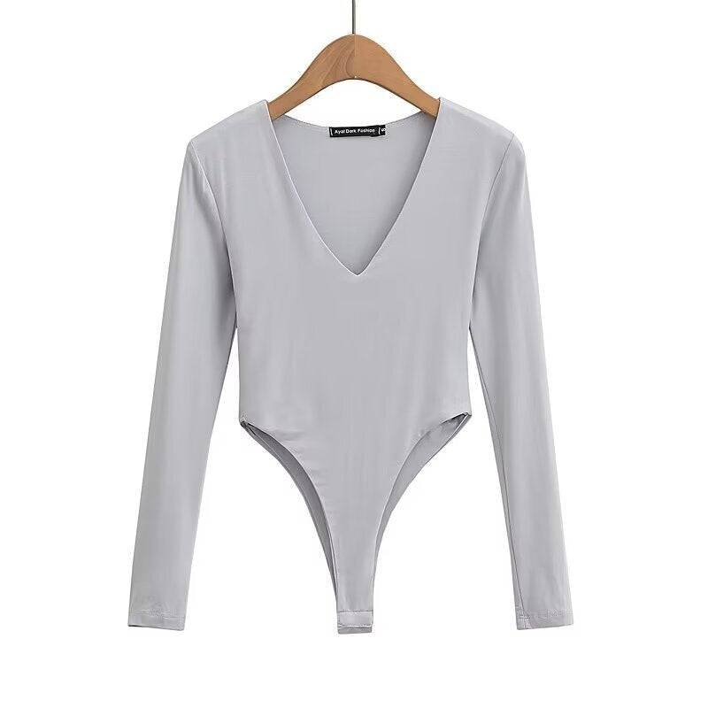 Damen figurbetontes Langarmbodysuit mit tiefem V-Ausschnitt EB