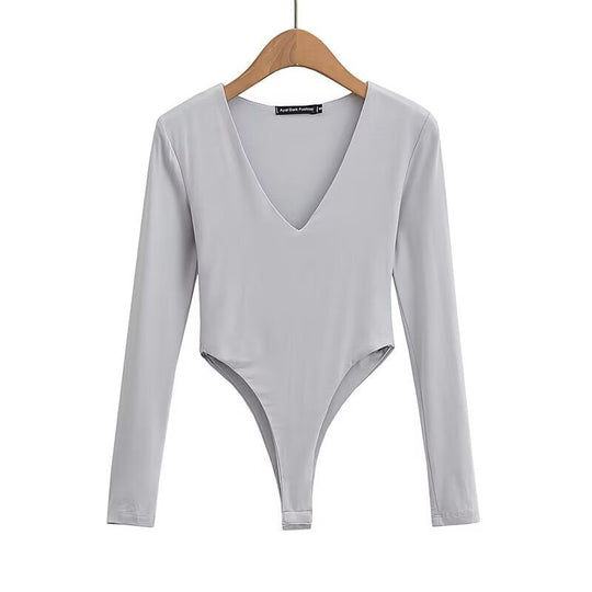 Damen figurbetontes Langarmbodysuit mit tiefem V-Ausschnitt EB