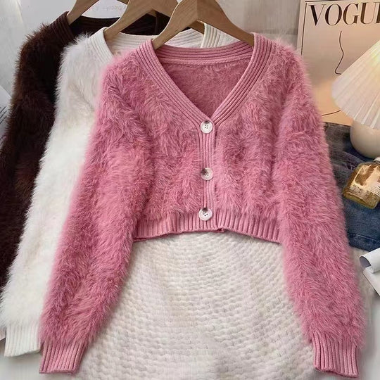 Damen Kuscheliger Cropped Cardigan mit Knopfleiste und weichem Teddy-Fell EB