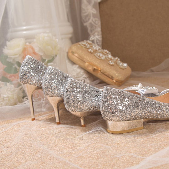 Damen glamouröse Glitzerpumps mit funkelndem Schleifenakzent EB
