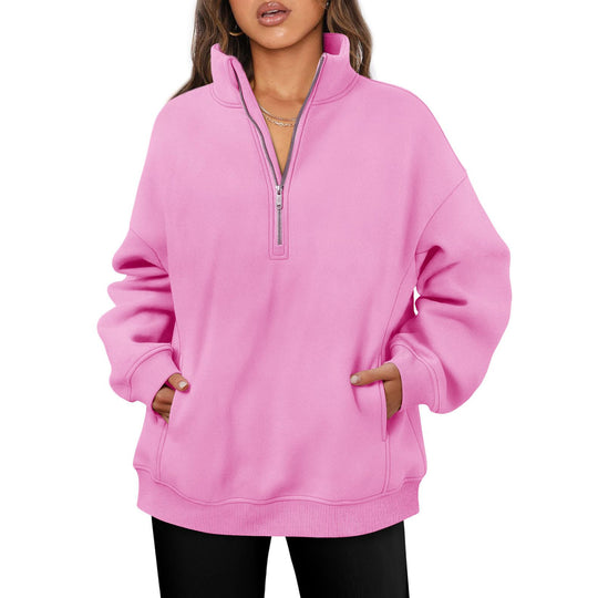 Damen nan oversized Halbzip-Pullover mit Stehkragen, Kängurutasche und Rippbündchen EB