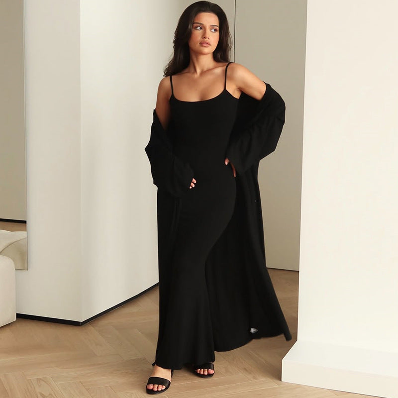 Damen Langärmliges Maxikleid mit offenem Cardigan EB