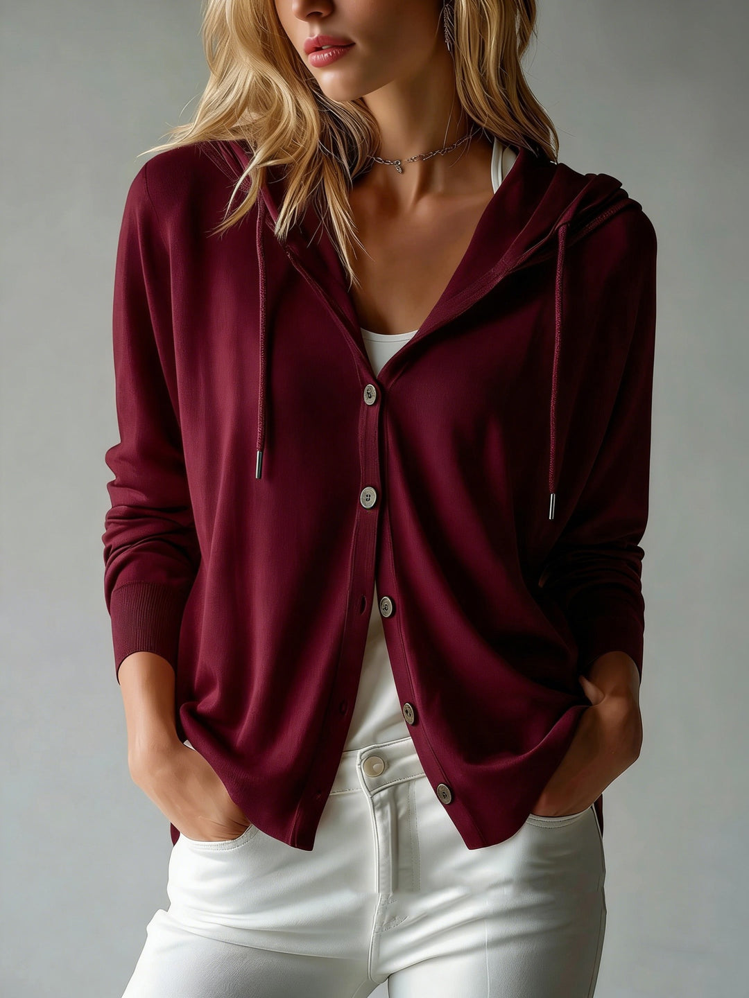 Damen nan leichter Kapuzen-Cardigan mit Knopfleiste und Tunnelzug EB