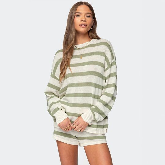 Damen nan gestreiftes Strick-Loungewear-Set mit weitem Pullover und Tunnelzug-Shorts EB