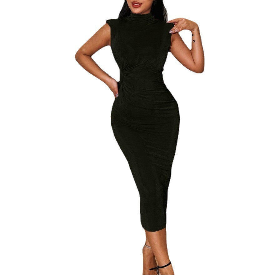 Damen figurbetontes Midi-Kleid mit elegantem Stehkragen EB