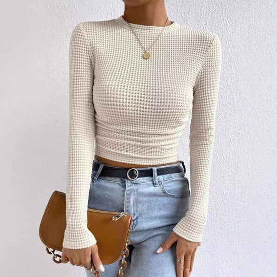 EB | Langarm T Shirt Slim Passform Weicher Strukturstrick Rüschentasche Kurzes Modell
