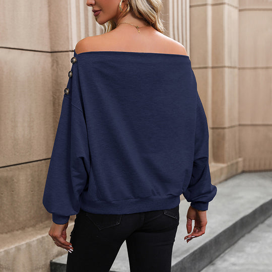 Damen lässiges Off-Shoulder Sweatshirt mit dekorativen Knöpfen EB
