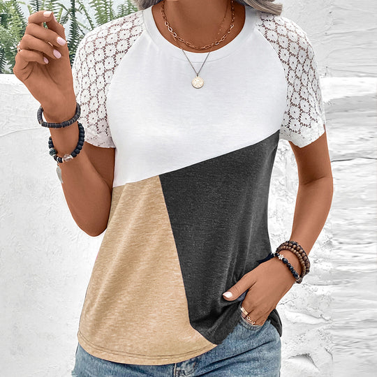Damen modisches T-Shirt mit Spitzenärmeln und Farbblockdesign EB