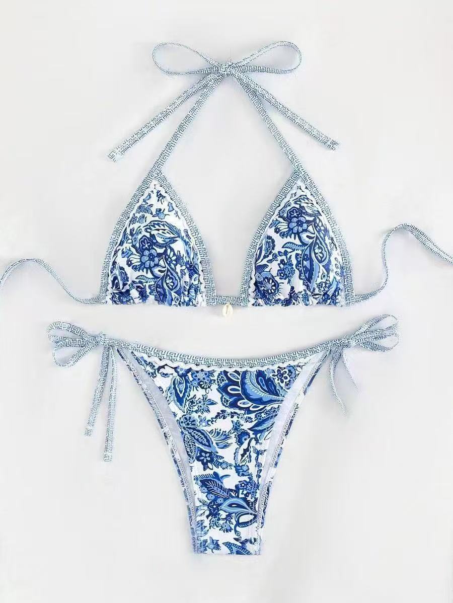 Damen Triangel-Bikini mit floralem Muster und verstellbaren Bindebändern EB