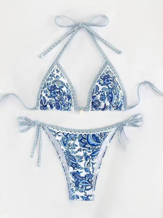 Damen Triangel-Bikini mit floralem Muster und verstellbaren Bindebändern EB