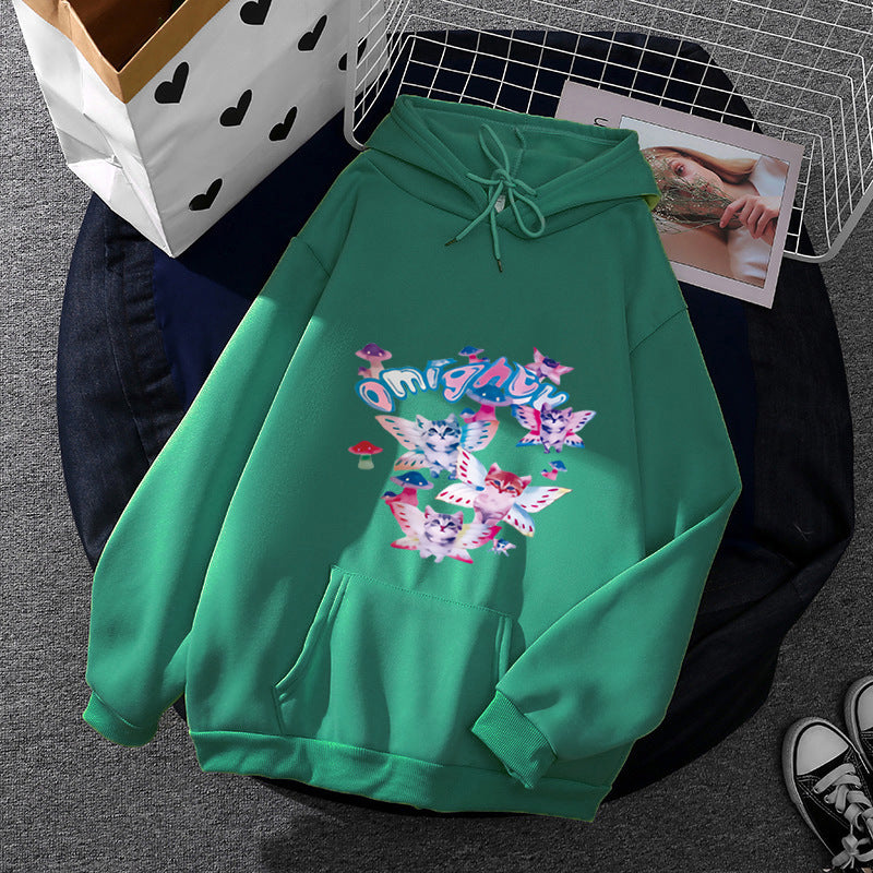 Damen nan Kapuzenpullover mit verspieltem Katzen‑Schmetterlings-Print und Kängurutasche EB