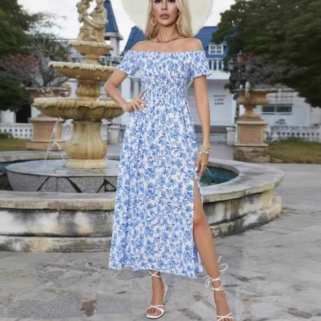 Damen luftiges Maxikleid mit schulterfreien Ärmeln und floralem Muster EB