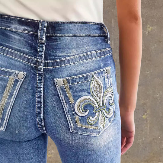 Damen Flared Jeans im Vintage-Stil mit hochgradigem Detail und raffinierten Stickereien EB
