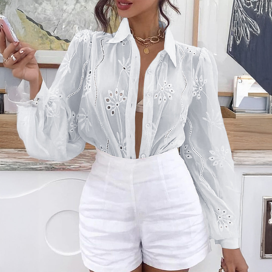 Damen Transparente Bluse mit Stickereien und Rüschendetails EB