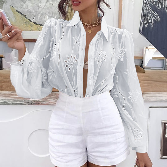 Damen Transparente Bluse mit Stickereien und Rüschendetails EB