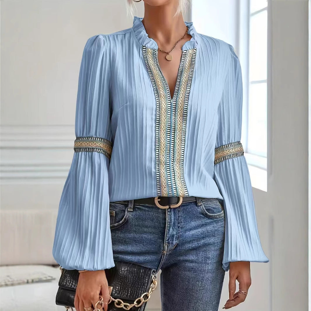Damen elegante Bluse mit Rüschendetails und Stickereien EB