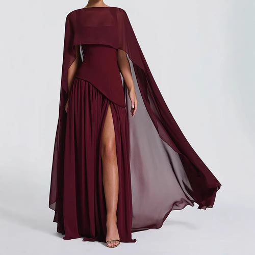 Damen Elegantes Maxikleid mit asymmetrischem Schnitt und fließendem Cape EB