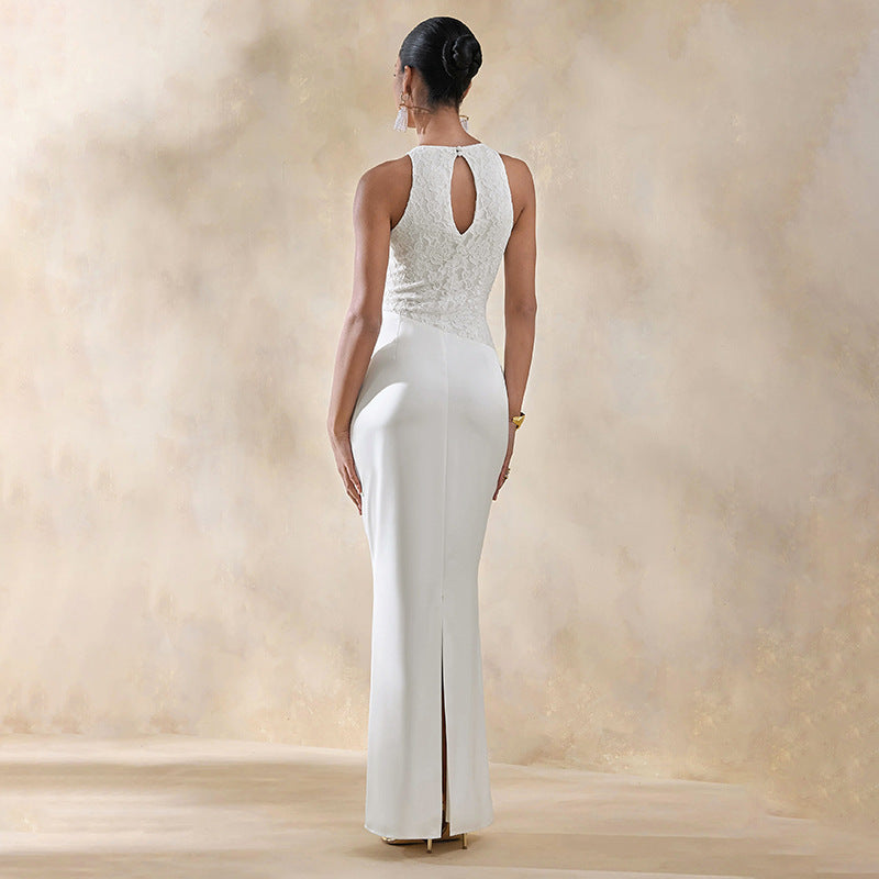 Damen Elegantes Hochzeitskleid mit Spitzenoberteil und gerafftem Saum EB