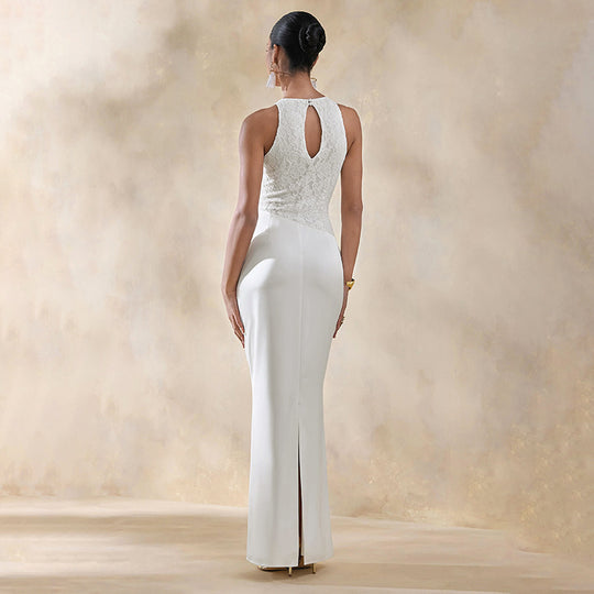 Damen Elegantes Hochzeitskleid mit Spitzenoberteil und gerafftem Saum EB