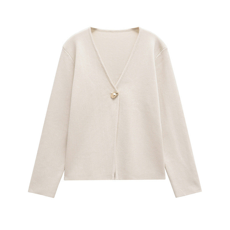 Damen schicke Strickjacke mit elegantem V-Ausschnitt und dekorativem Knopf EB