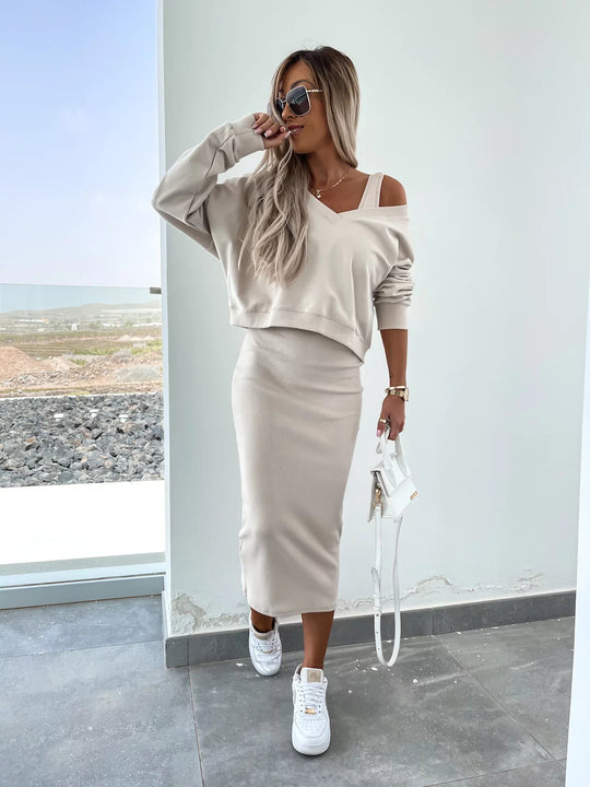 Damen nan zweiteiliges Midirock-Set mit off-shoulder Oversize-Sweatshirt und figurbetontem Bleistiftrock EB