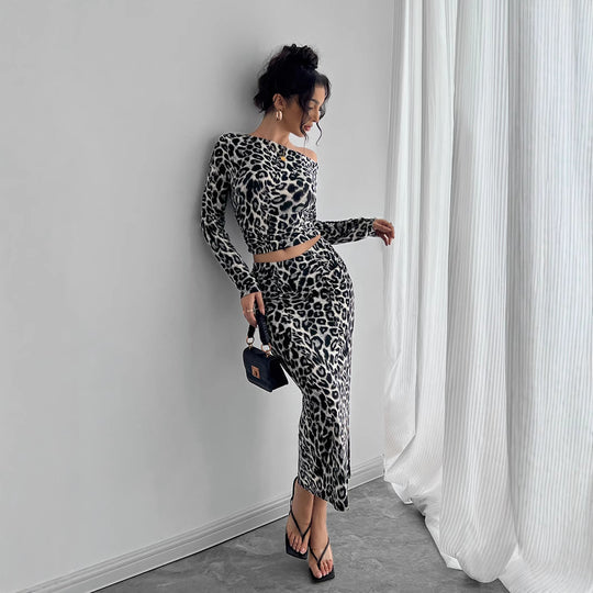 Damen Off-Shoulder Kombination mit Leopardenmuster und hohem Schlitz EB