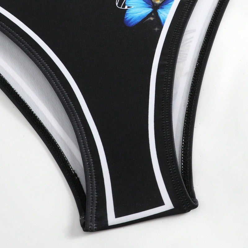 Damen Einteiler Badeanzug mit schickem Wickelrock und Butterfly-Motiv EB