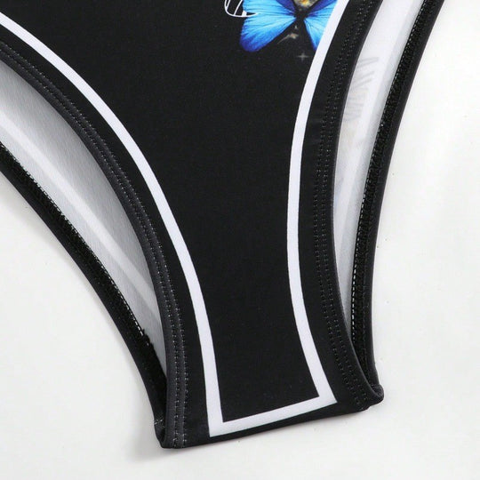 Damen Einteiler Badeanzug mit schickem Wickelrock und Butterfly-Motiv EB