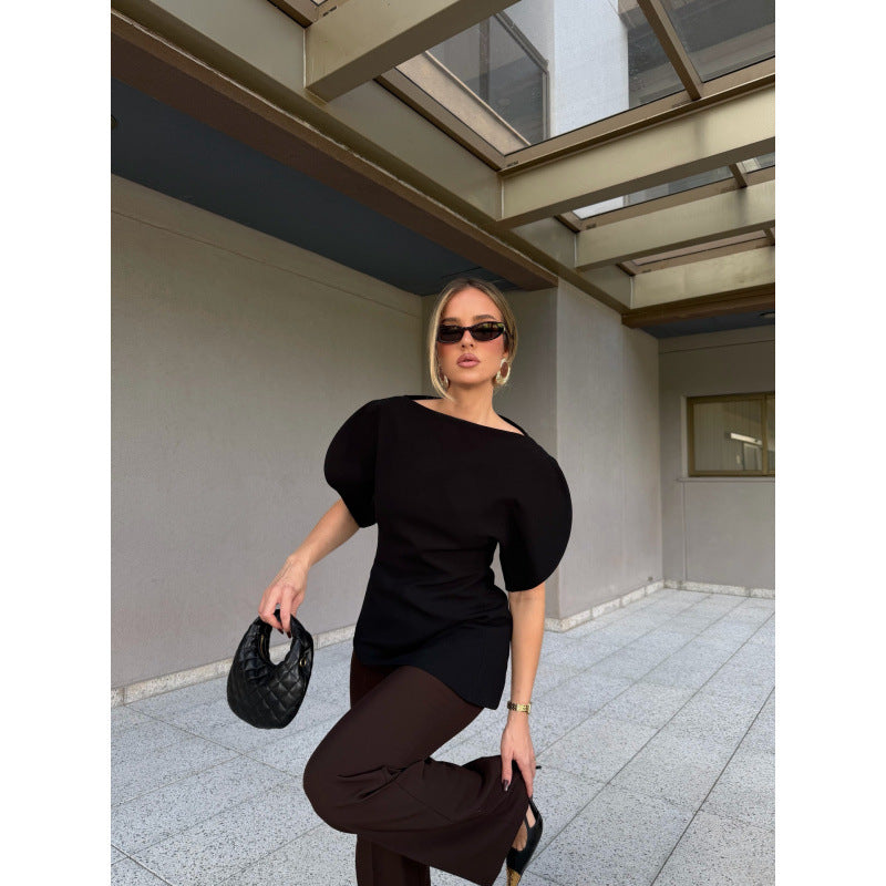 Damen Bluse mit voluminösen Puffärmeln und asymmetrischem Saum EB