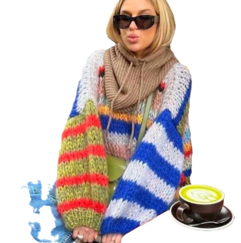 Damen Grobstrickpullover mit buntem Zopfmuster und weitem Schnitt EB