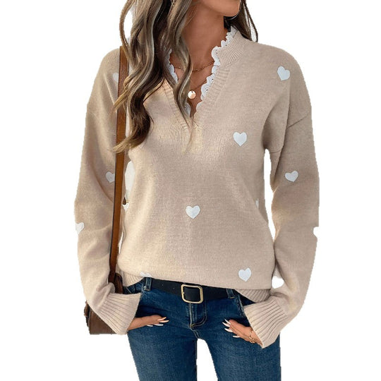 Damen modischer Pullover mit Herz-Applikationen EB