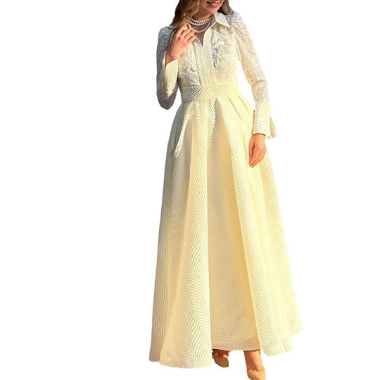 Damen Elegantes Maxikleid mit Spitzenärmeln und Taillengürtel EB