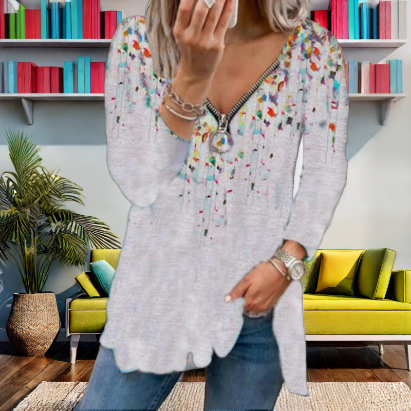 Damen Langarmshirt mit farbenfrohem Blütenmuster und modernem Zipper EB