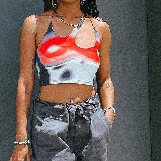 Damen Crop-Top mit asymmetrischem Trägerdesign und lebhaftem Grafikdruck EB