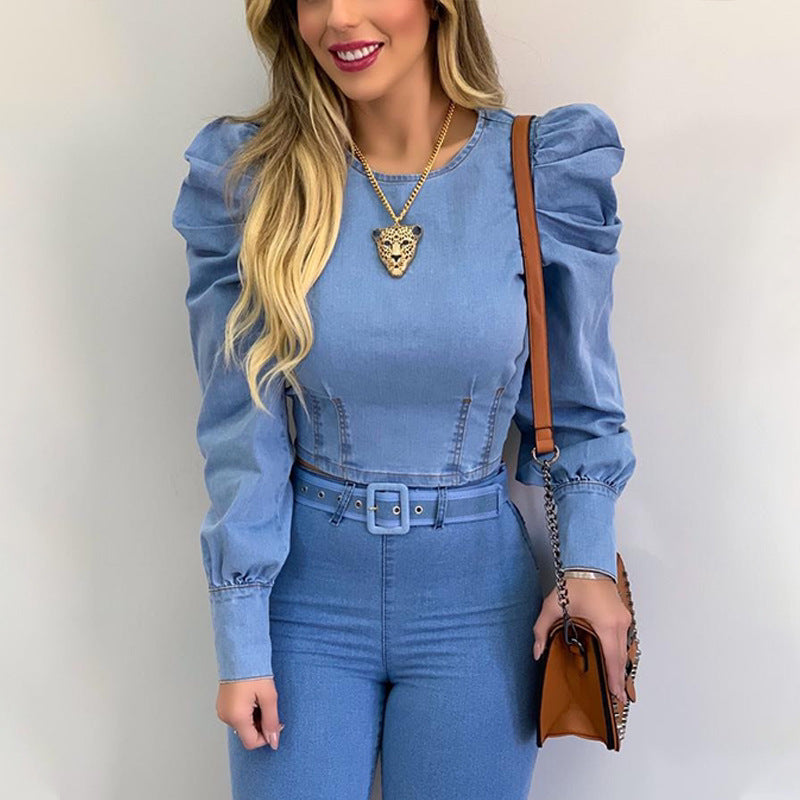 Damen Jeans-Overall mit Puffärmeln und taillierbarem Gürtel EB