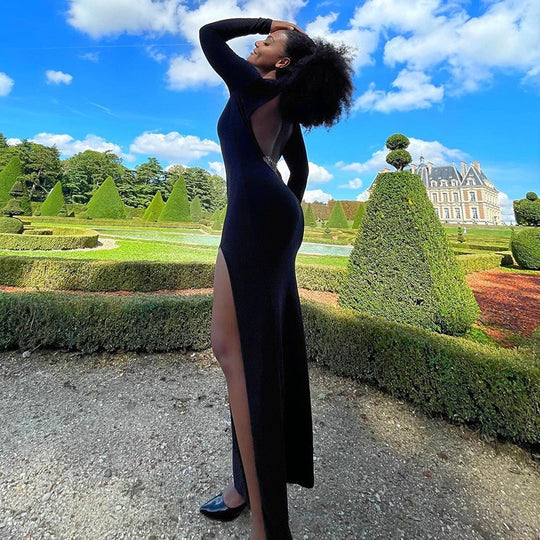 Damen Rückenfreies Maxikleid mit eleganter Rückenansicht und transparenten Ärmeln EB