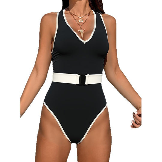Damen Sportlicher Einteiler Badeanzug mit Gürtel EB