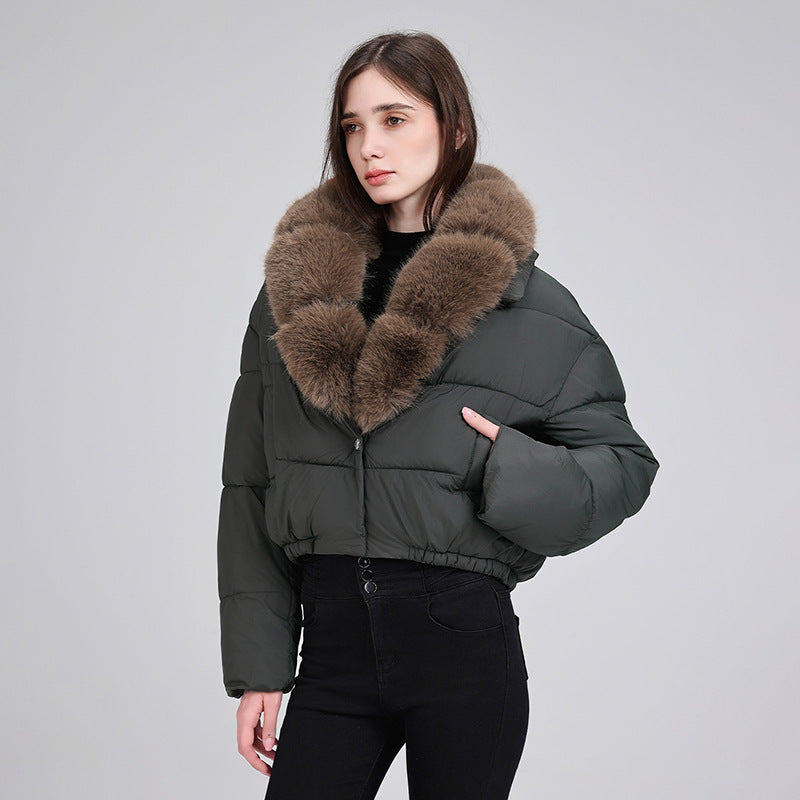 Damen nan cropped Isolationsjacke mit voluminösem Kunstpelz-Schalkragen und elastischem Saum EB