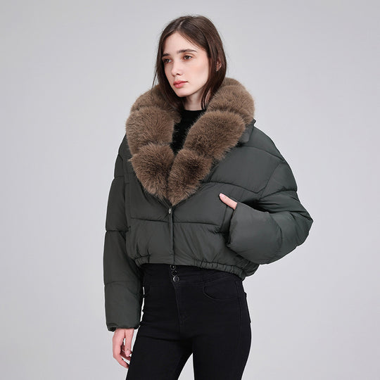 Damen nan cropped Isolationsjacke mit voluminösem Kunstpelz-Schalkragen und elastischem Saum EB