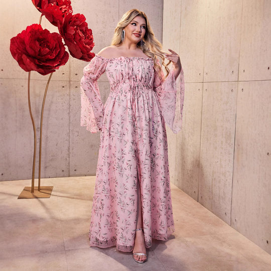 Damen Maxikleid mit schulterfreiem Design und floralen Akzenten EB
