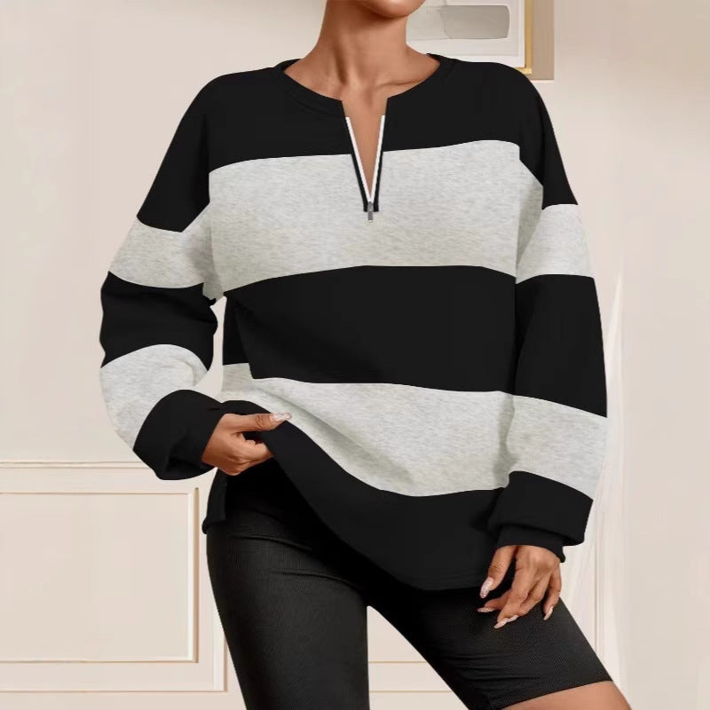 Damen Langarm Sweatshirt mit modernem Reißverschluss und gestreiftem Design EB