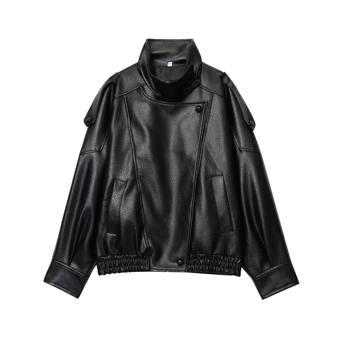 Damen nan Kunstleder-Bomberjacke mit hohem Stehkragen, asymmetrischer Druckknopfleiste und elastischem Saum EB