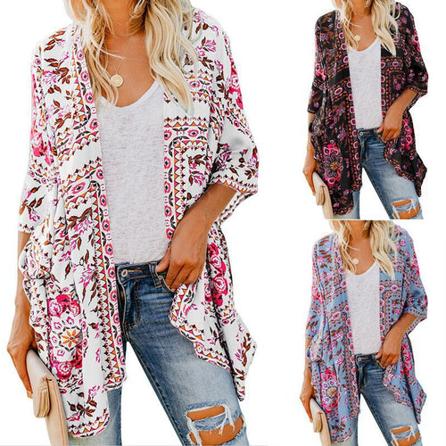 Damen luftiger Kimono mit floralem Muster und weitem Schnitt EB