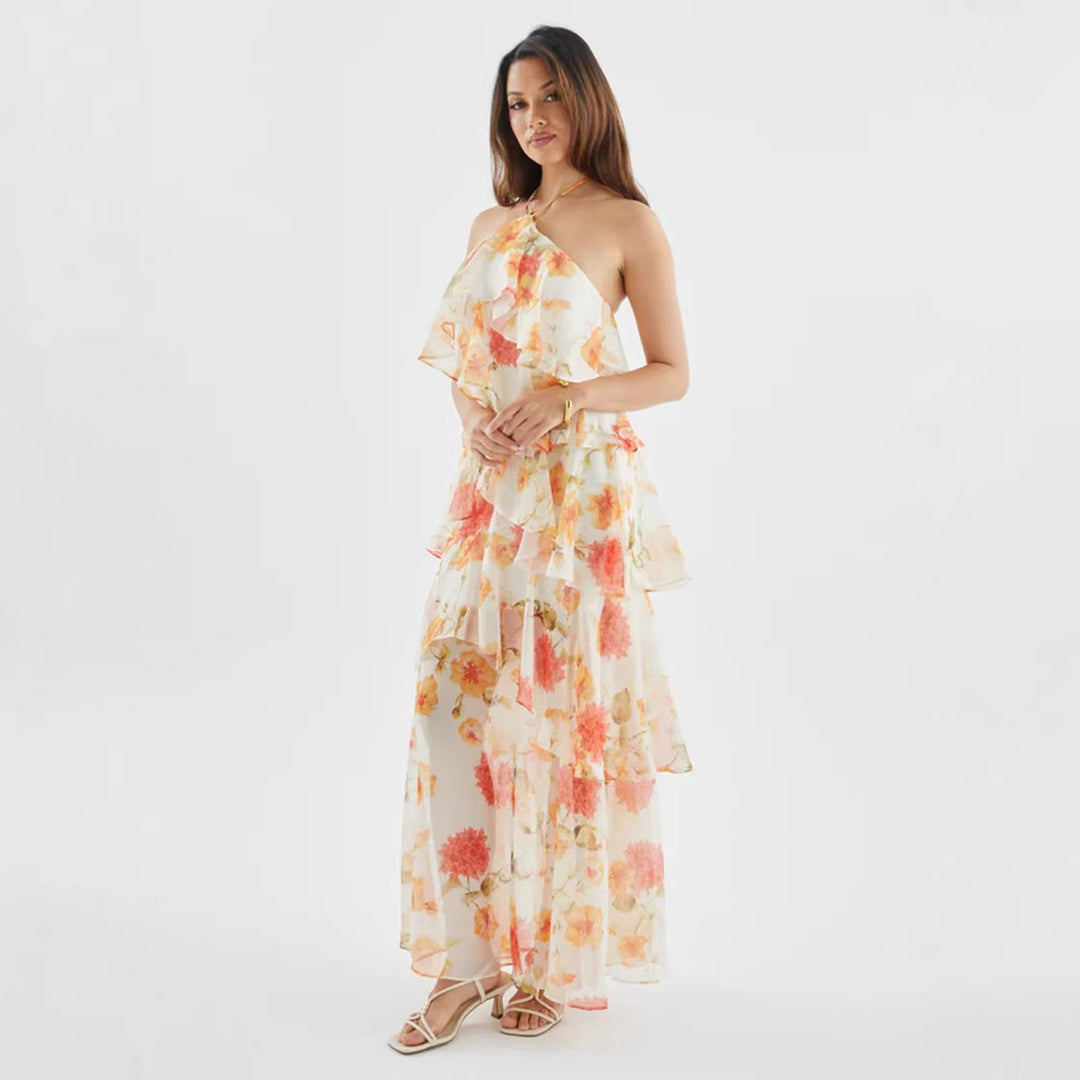 Damen Maxikleid mit schwingenden Volants und modernen Punkten EB