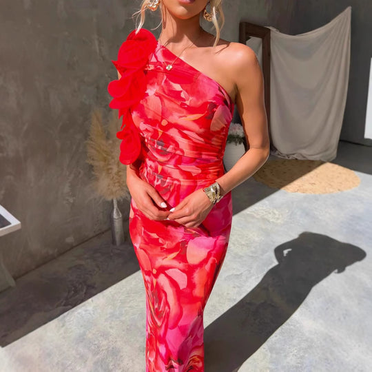 Damen Elegantes Abendkleid mit einseitigem Rüschen-Design und schmalem Schnitt EB