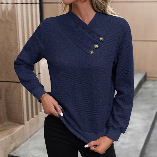 Damen eleganter Pullover mit asymmetrischem Ausschnitt und Knopfdetails EB