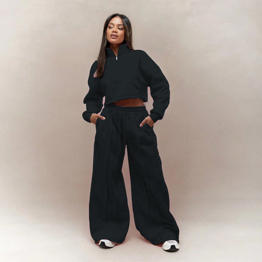 Damen Crop-Halbzip-Sweatshirt und High-Waist Wide-Leg Loungehose Set mit sichtbaren Naht-Details Eichborn Berlin