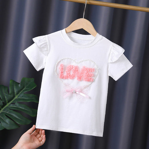 Mädchen T-Shirt mit Rüschendetails und Herzen-Applikation EB